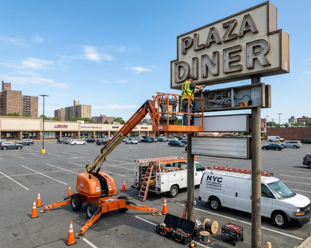 Outdoor sign repair services for illuminated roadside and business signs