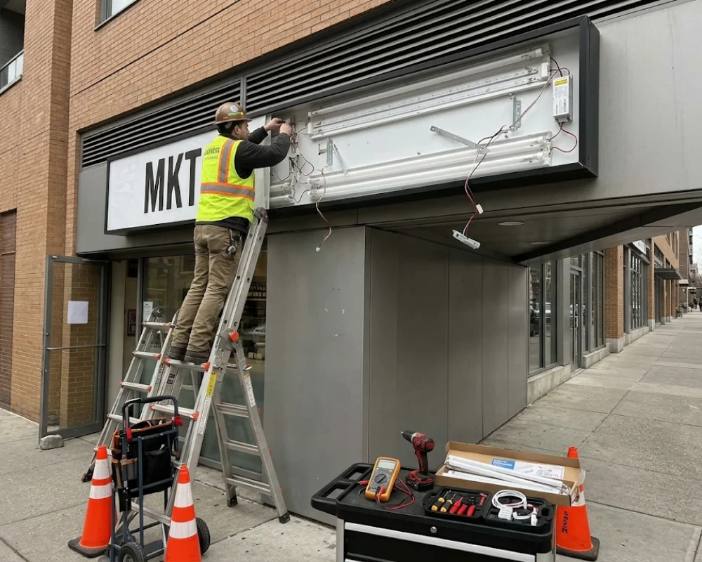 Commercial sign repair technician fixing lighting inside a storefront sign