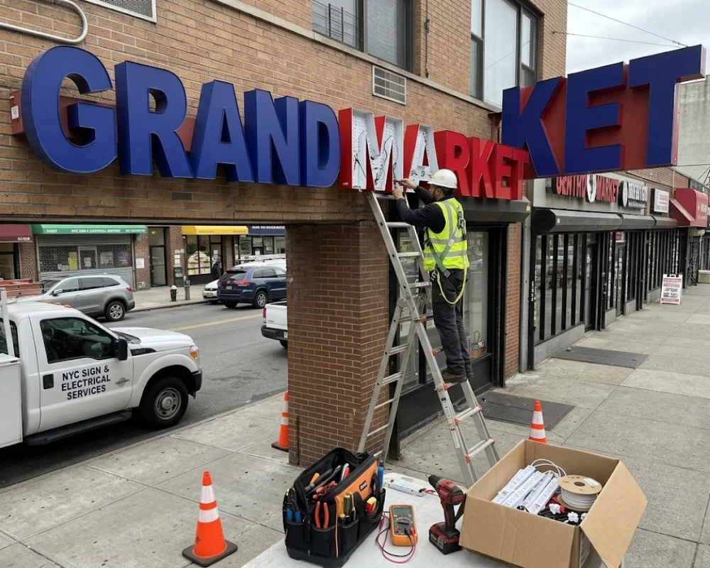 Storefront sign repair technician restoring commercial business lettering