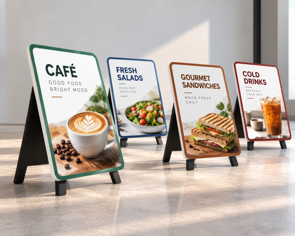Easel display signs for promotional menus and business messaging