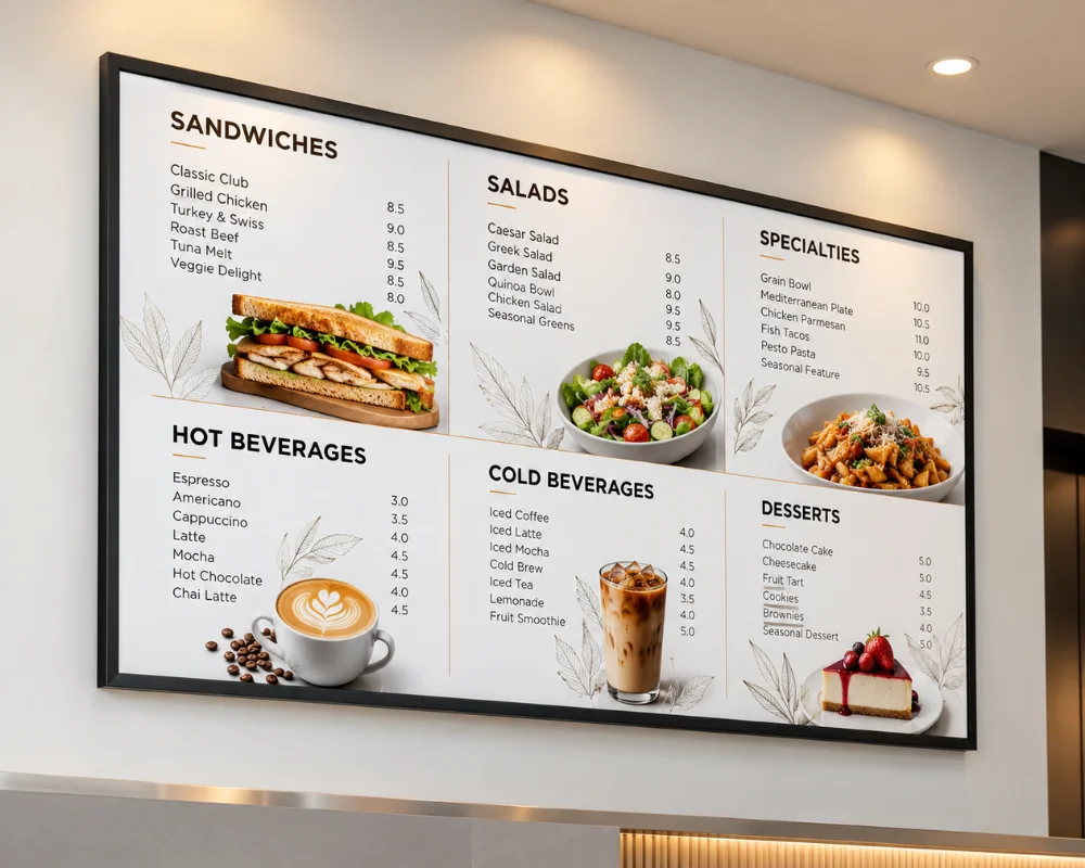 Framed display sign featuring a custom menu for commercial 