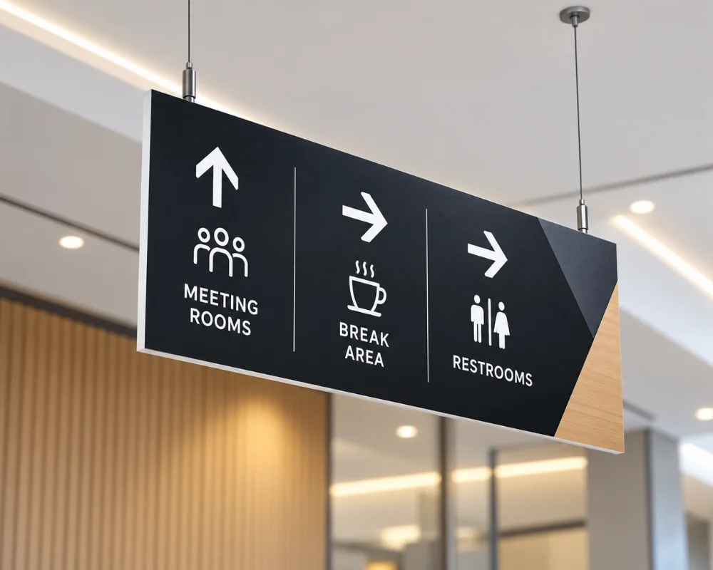 Hanging signs for indoor directional displays and wayfinding