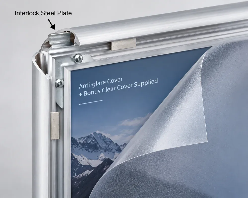 Lockable poster frame with aluminum snap frame construction