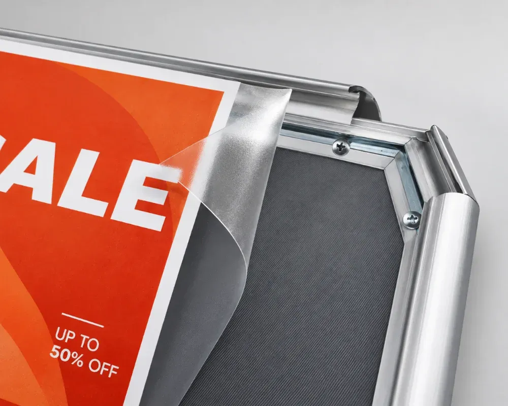 Quick-change poster display with snap-open aluminum frame