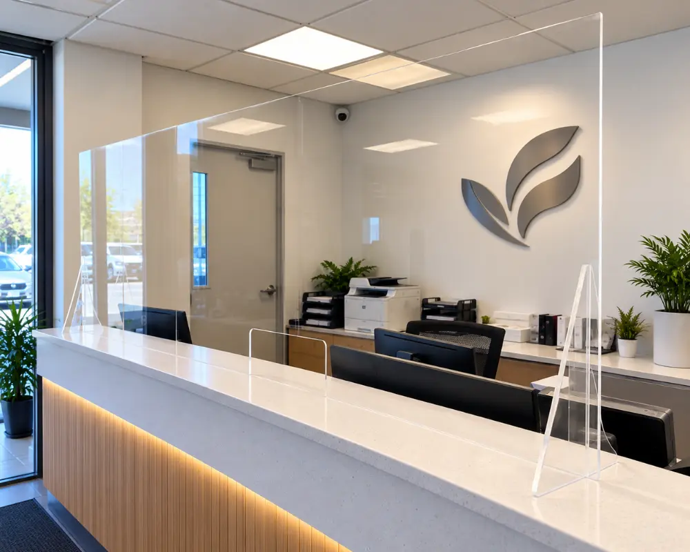 Clear protective panels on the corporate front desk