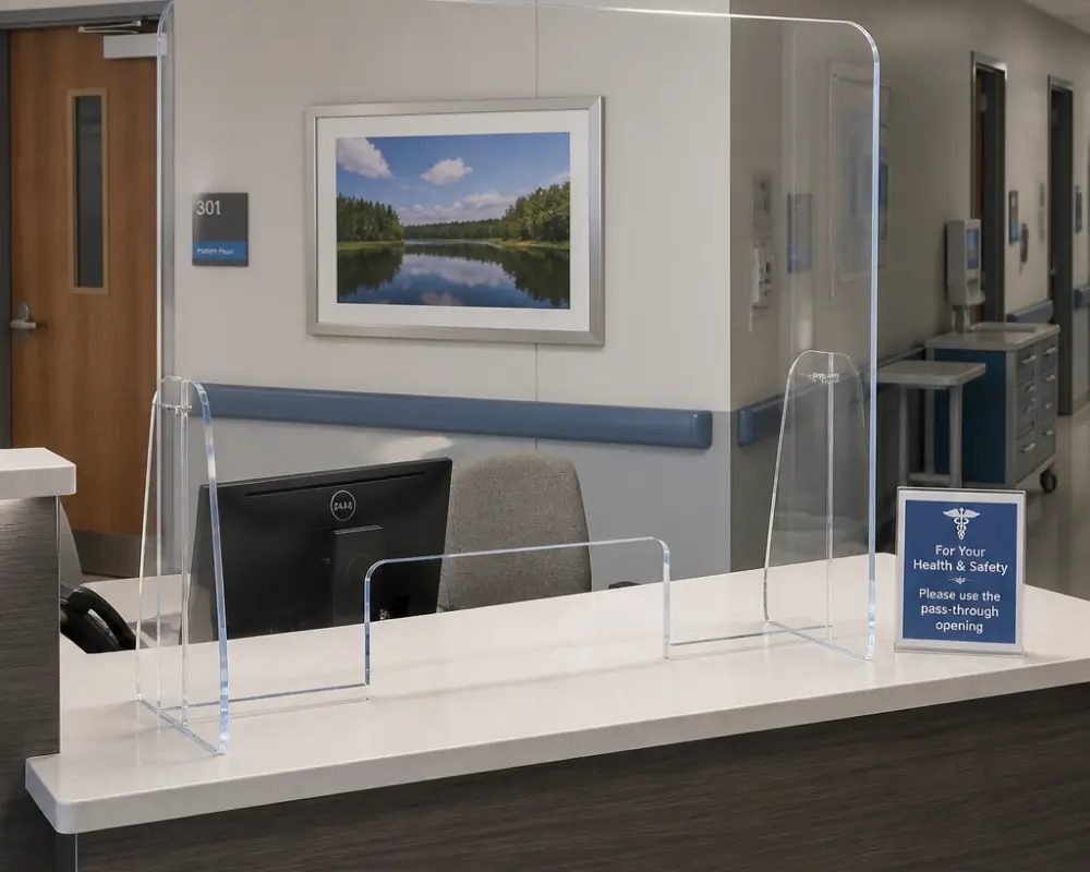 Hospital reception desk acrylic hygiene barrier