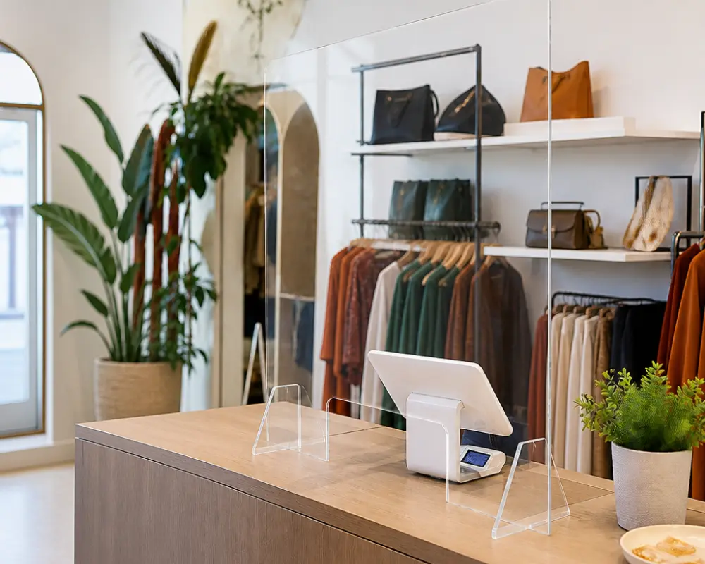 Retail counter barriers and cashier shield panel