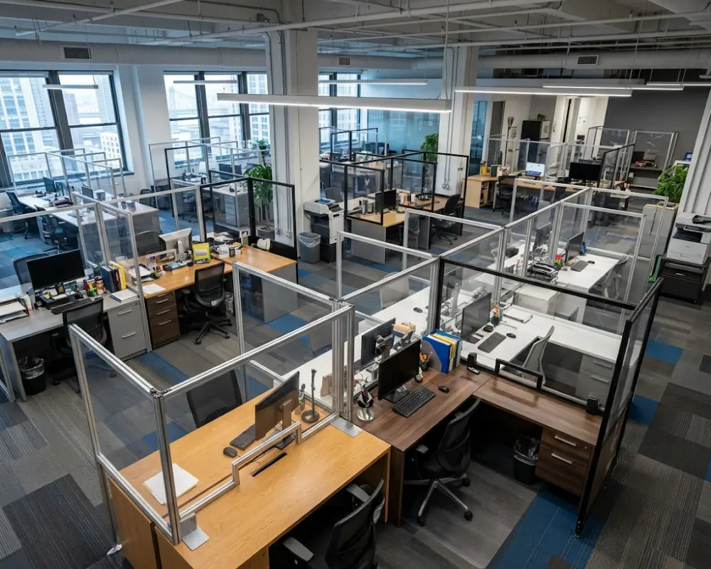 Clear sneeze guard panels around the office cubicle