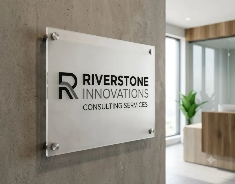 Acrylic consulting office sign mounted on textured wall.