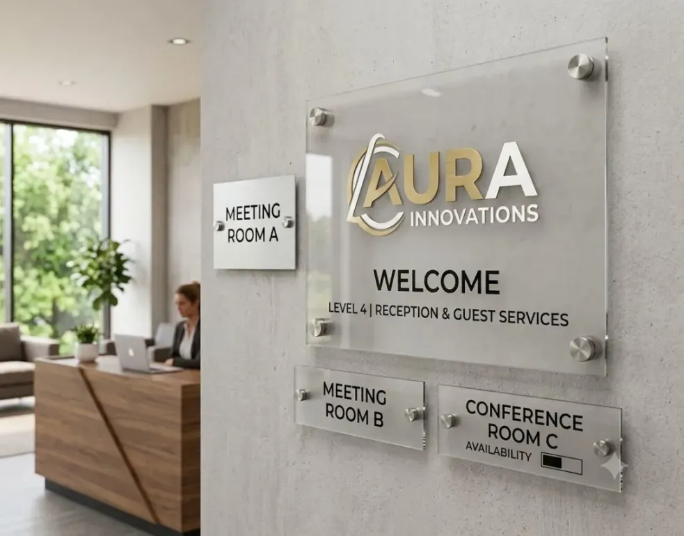 Acrylic reception sign with meeting room directory.