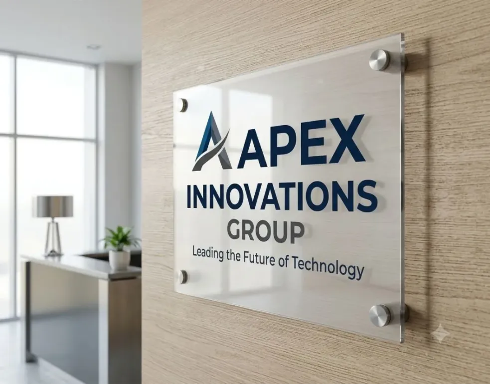 Corporate acrylic lobby sign with brushed finish.