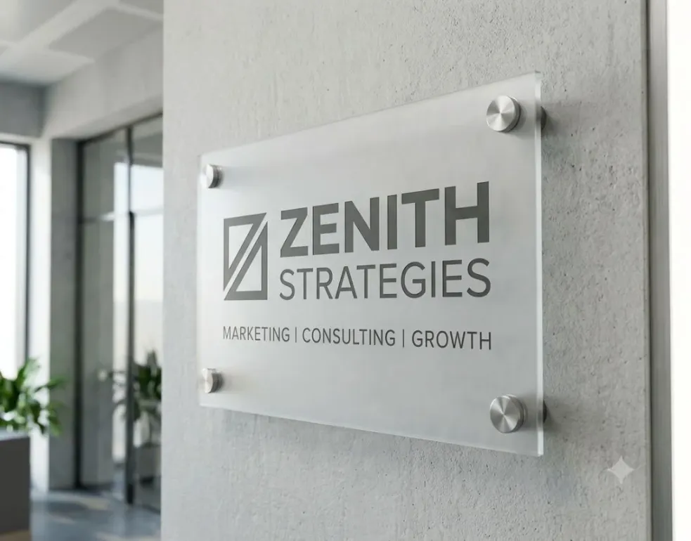 Frosted acrylic office logo sign with metal standoffs.