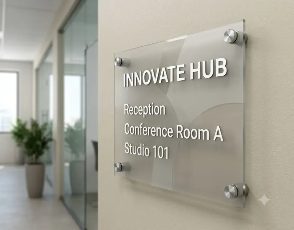 Clear acrylic office wayfinding sign with room details.