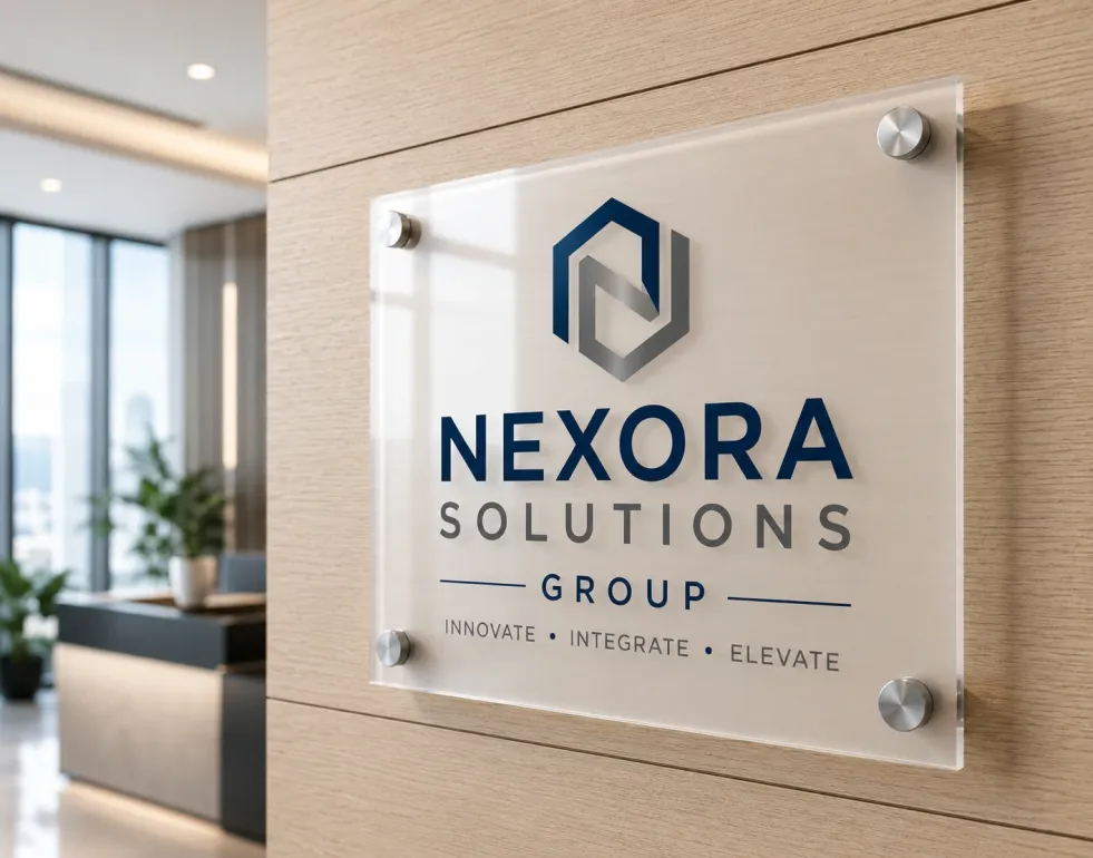 Premium acrylic business logo sign for office lobby.