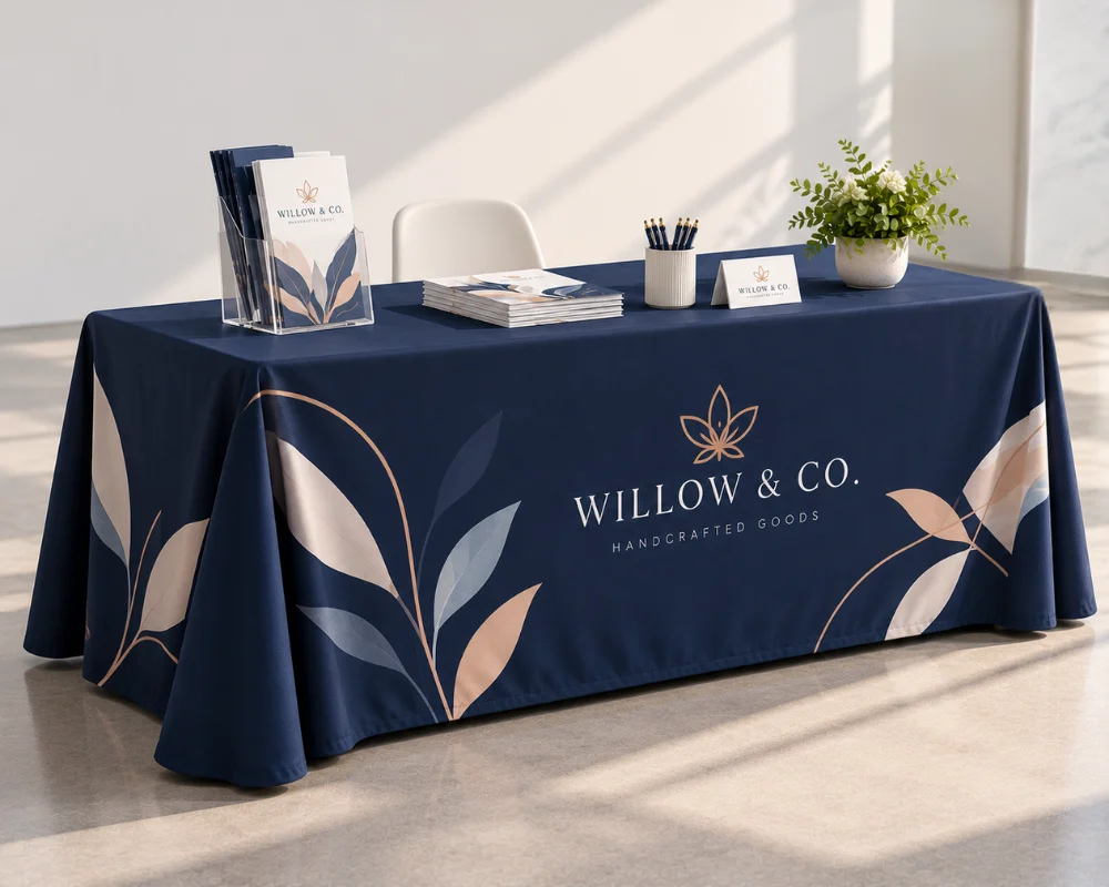 Custom table throws featuring branded event graphics and logos