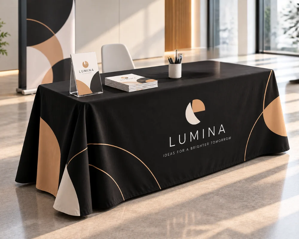 Logo table throws showcasing branded event and promotional displays