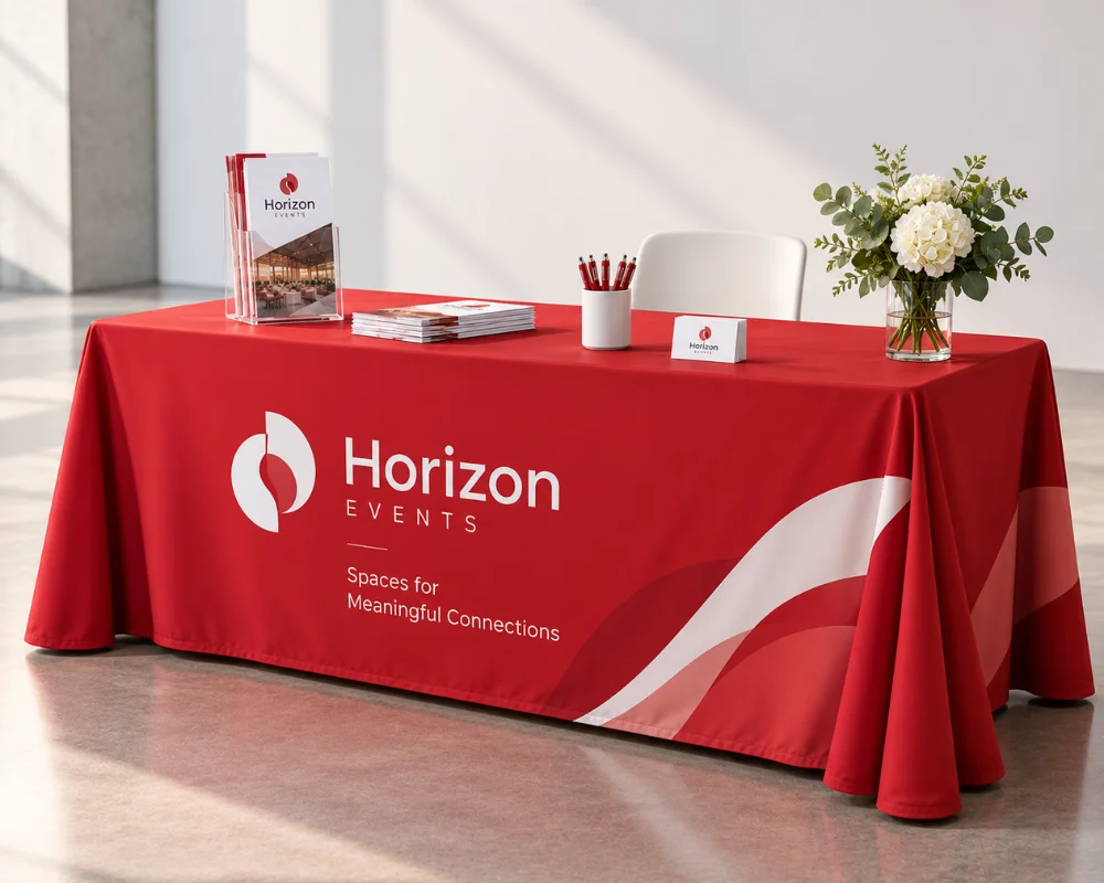 Trade show tablecloths with custom branding for exhibition booths