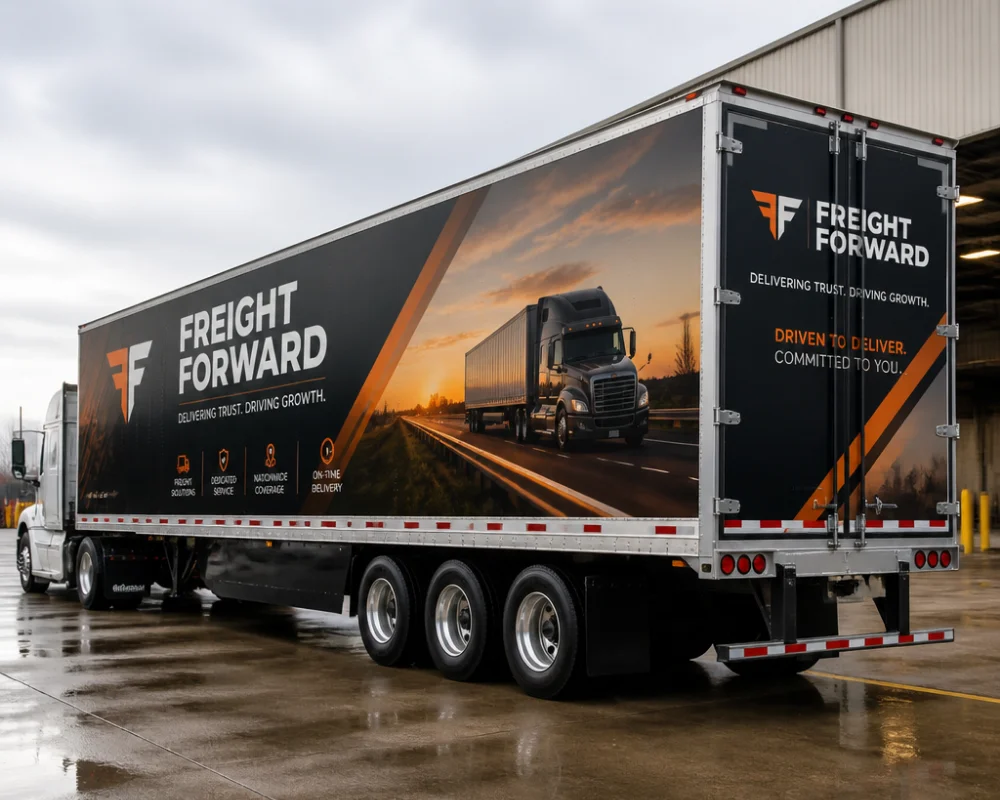 Branded trailer graphics with custom freight company design