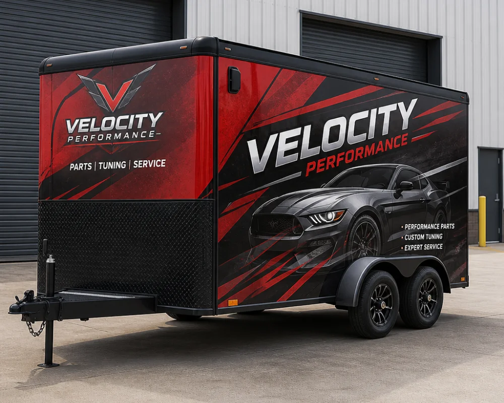 Custom trailer wraps featuring automotive performance graphics