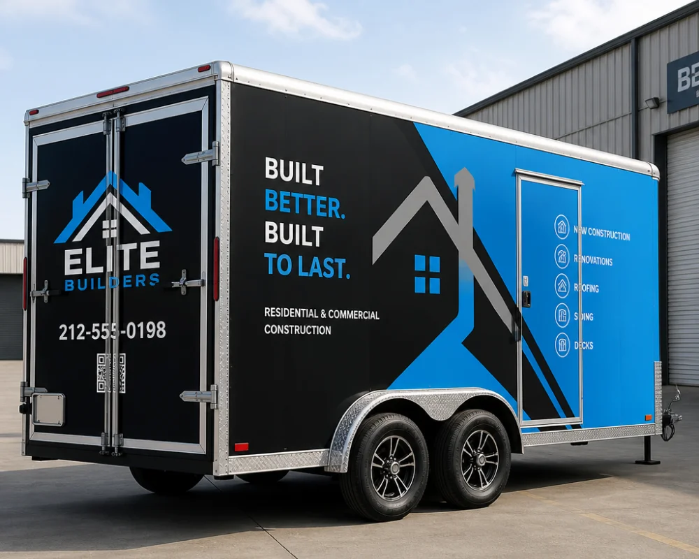 Enclosed trailer graphics for construction company branding