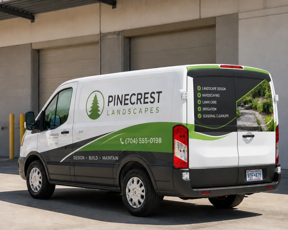 Commercial vehicle wraps featuring green landscaping business graphics