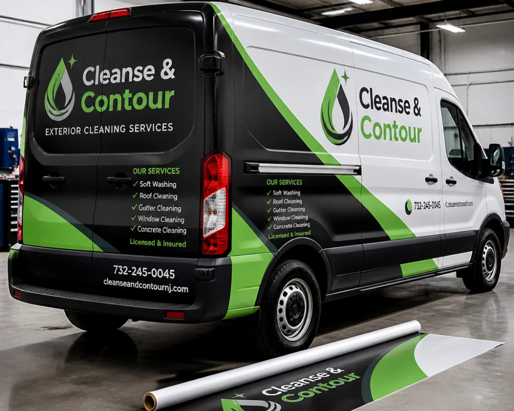 Custom van wraps with yellow and black construction company lettering