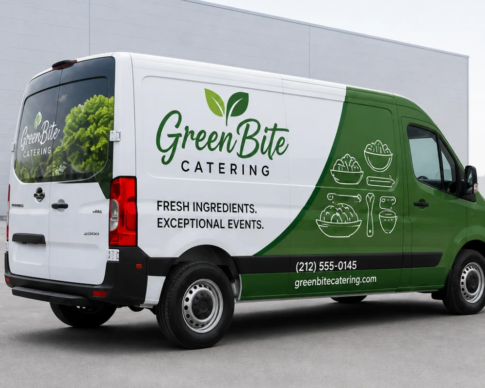 Delivery van wraps with green catering company graphics and branding