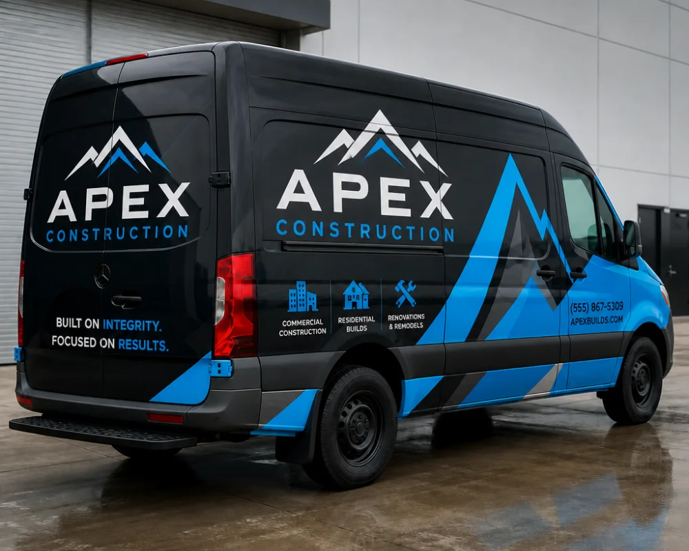 Full van wraps with custom construction graphics and professional branding