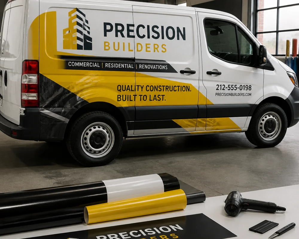 Professional van wraps with landscaping services and branded graphics