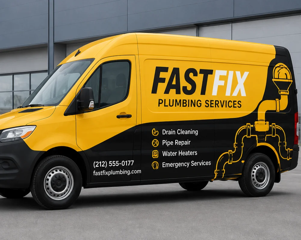 Vinyl van wraps with bold yellow plumbing service graphics and contact details