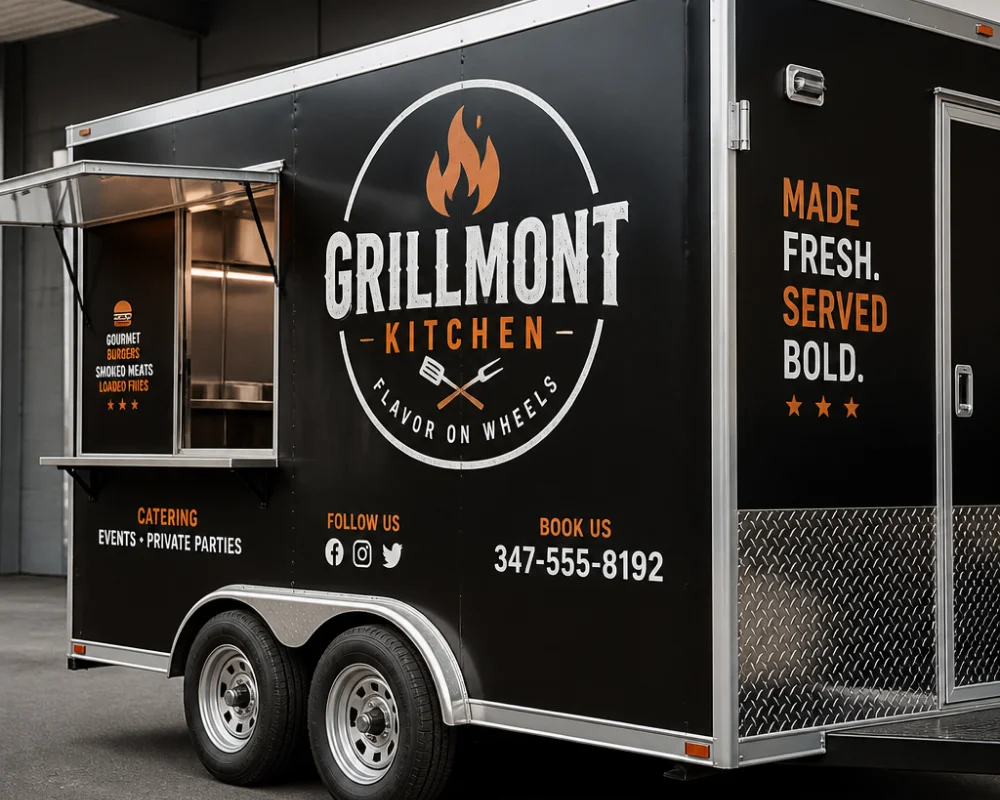 Custom vehicle decals and vinyl lettering on a branded food trailer