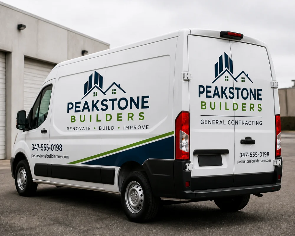 Custom vinyl lettering on a builder's van with company branding