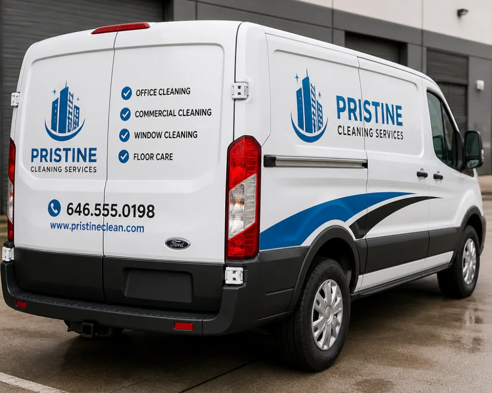 Vehicle vinyl lettering with cleaning services and contact information