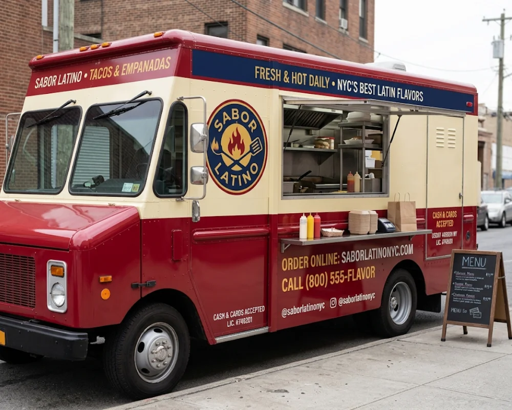 Vinyl lettering decals on a food truck displaying restaurant branding   