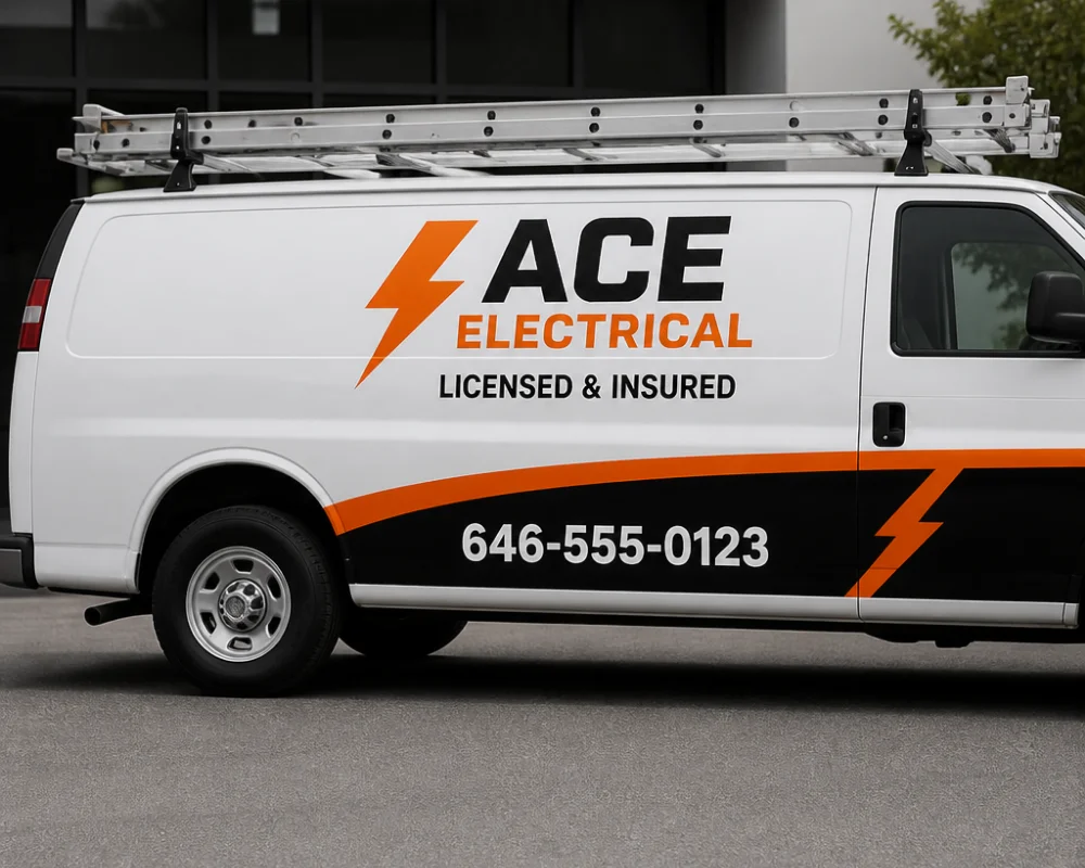  Vinyl truck lettering with electrical company branding and contact details