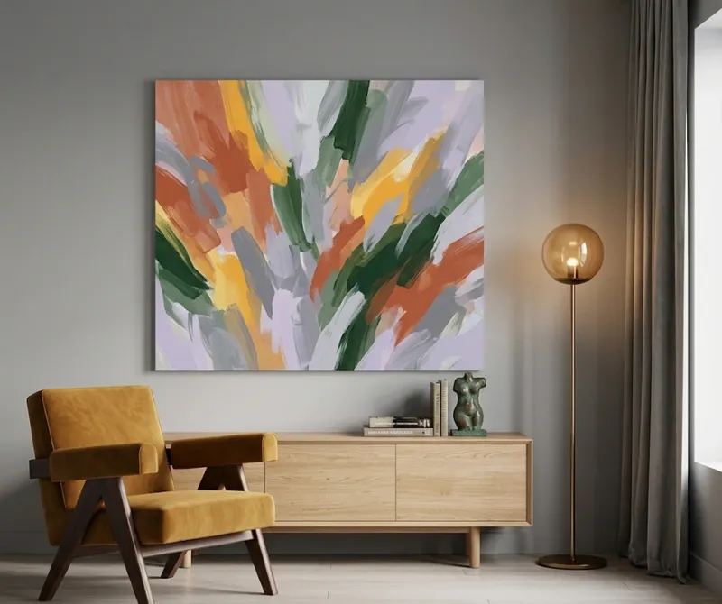 Abstract canvas wall art displayed in a modern living room.