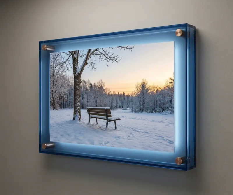 Acrylic standoff wall art with a winter landscape print