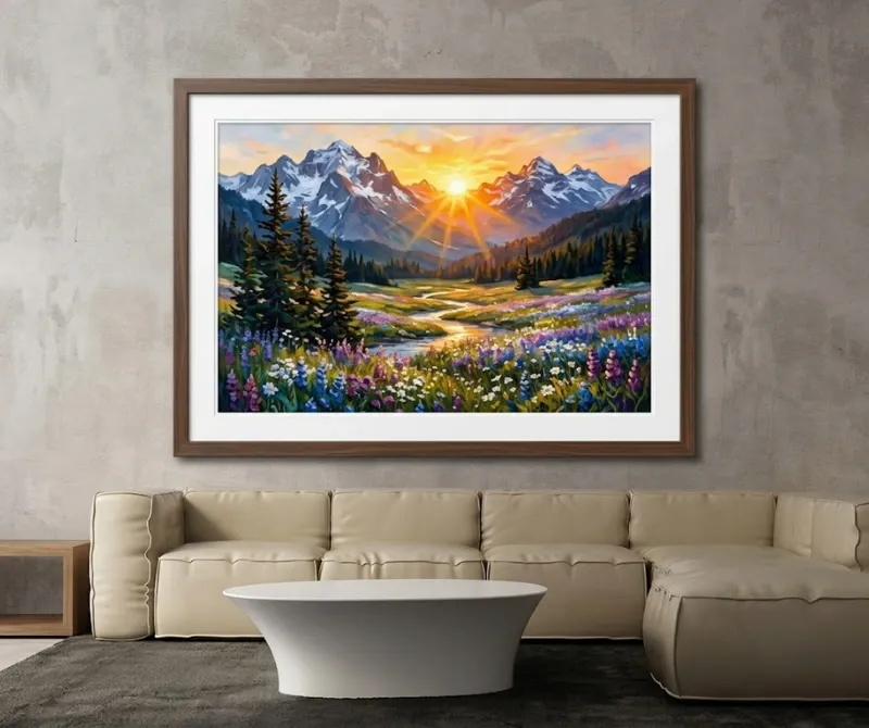 Framed canvas wall art featuring a colorful mountain landscape.