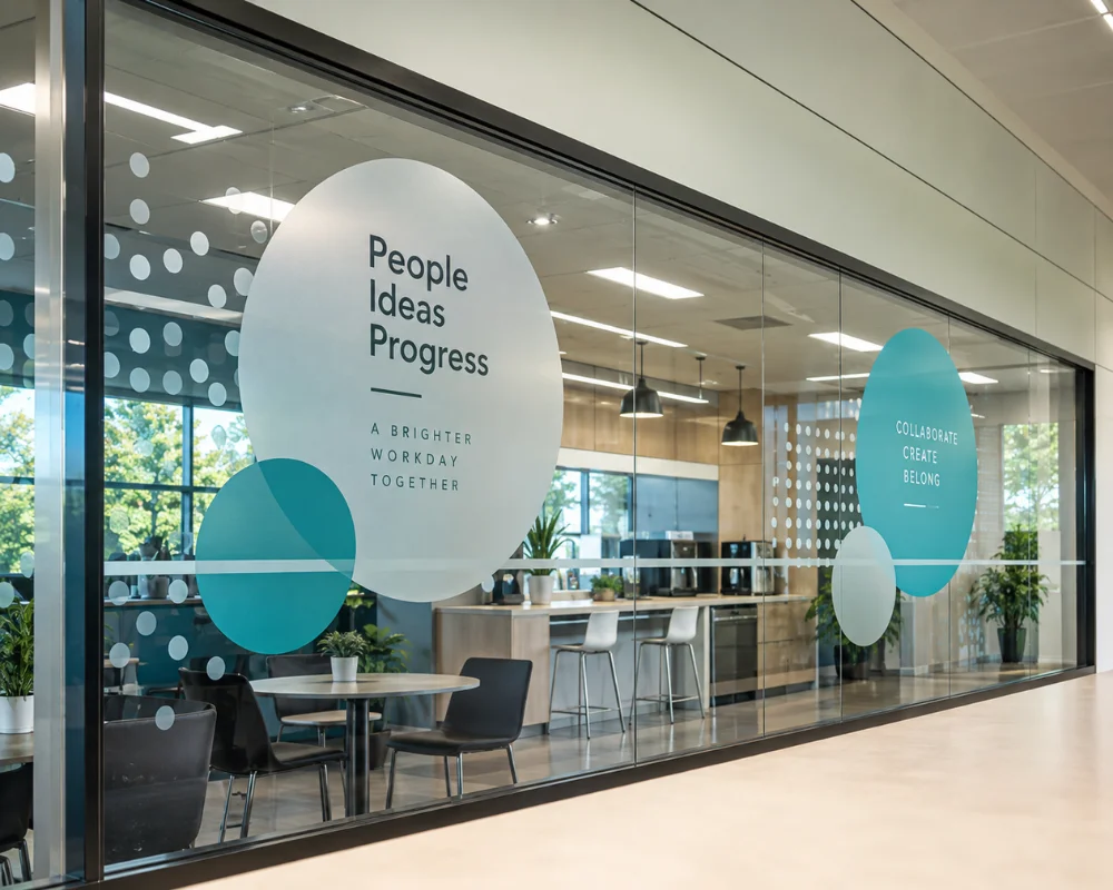 Custom window frosting for modern office glass walls