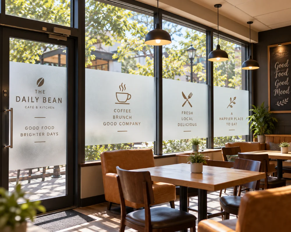 Privacy window film applied to cafe glass windows