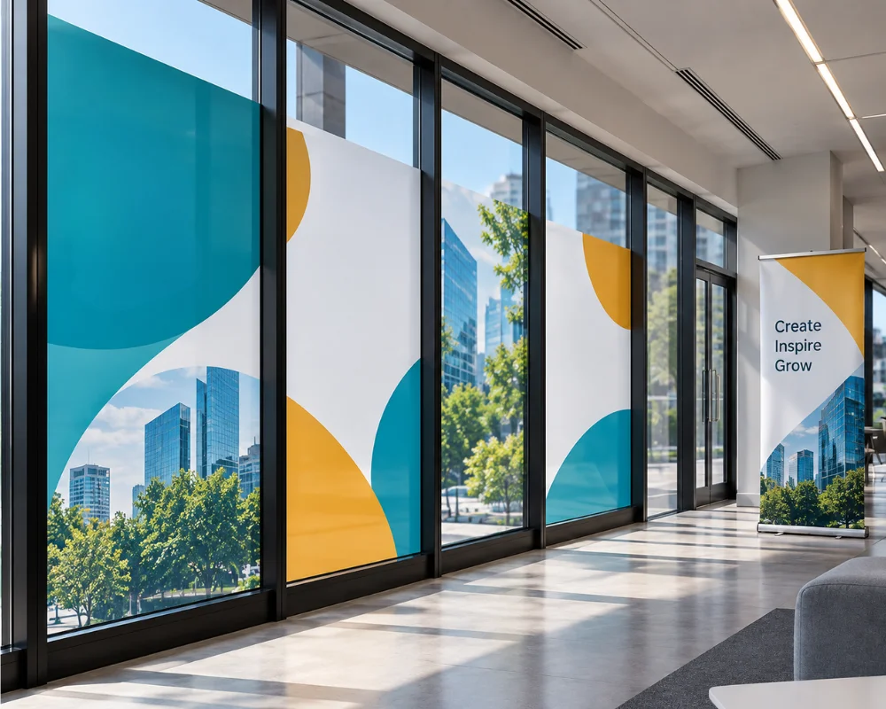 Custom window wraps with geometric graphics on office glass