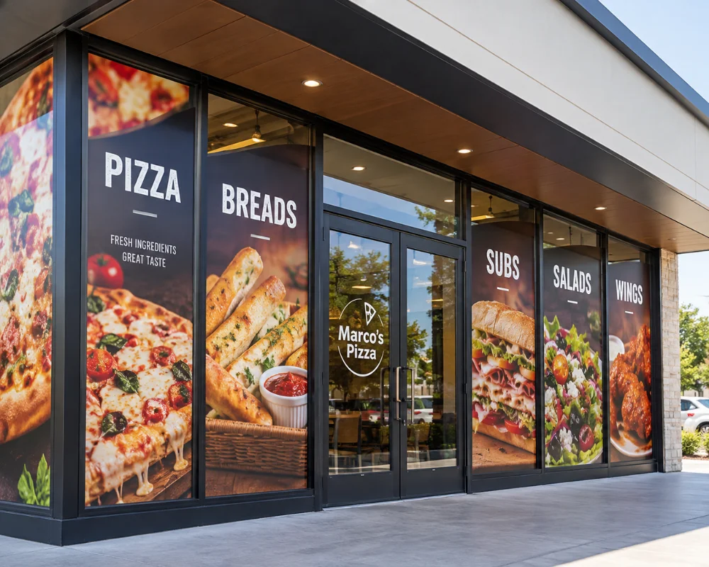 Full coverage window wraps featuring pizza and restaurant graphics