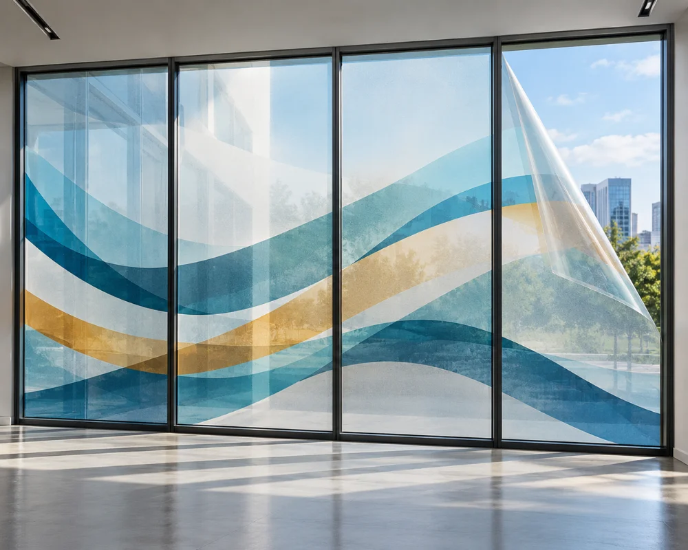 Glass wrap designs with translucent waves on office windows