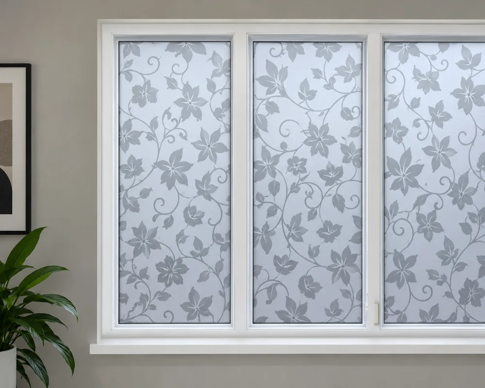 Glass wraps with a decorative floral pattern on interior windows
