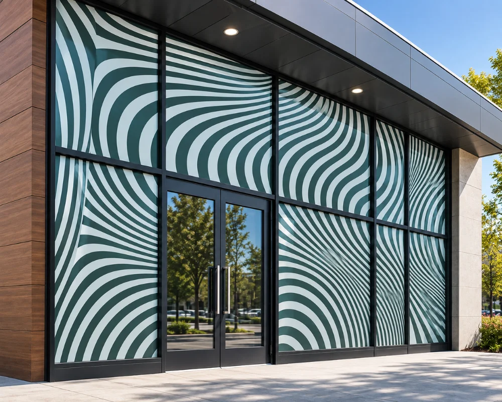 Large format window wraps with a bold patterned storefront design