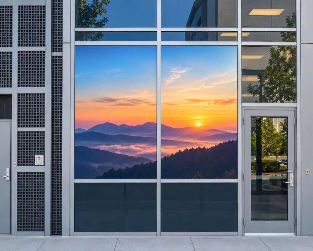 Large window wraps featuring a scenic mountain landscape design