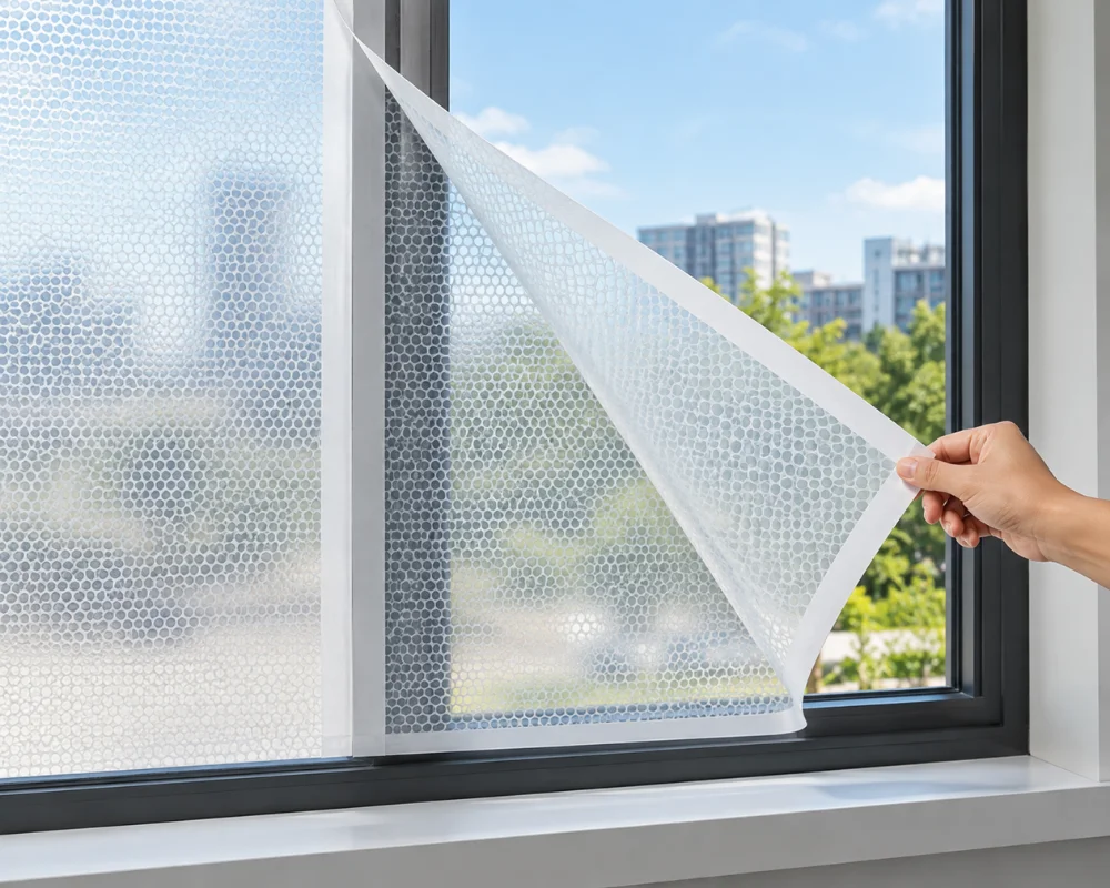 Perforated window film applied to glass for privacy and visibility