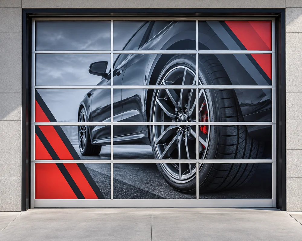 Perforated window vinyl featuring a custom automotive graphic