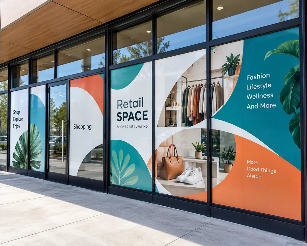 Storefront wraps featuring colorful retail window graphics
