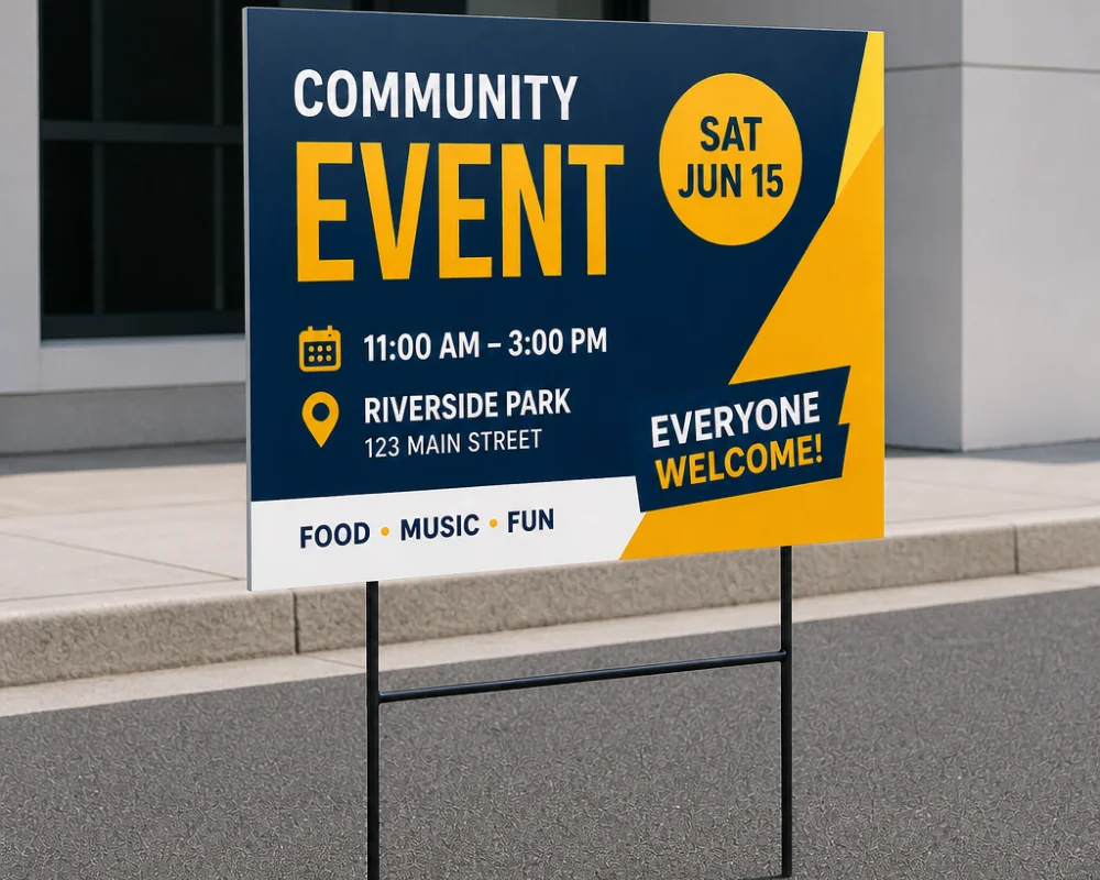 Printed yard signs promoting a community event with outdoor event details